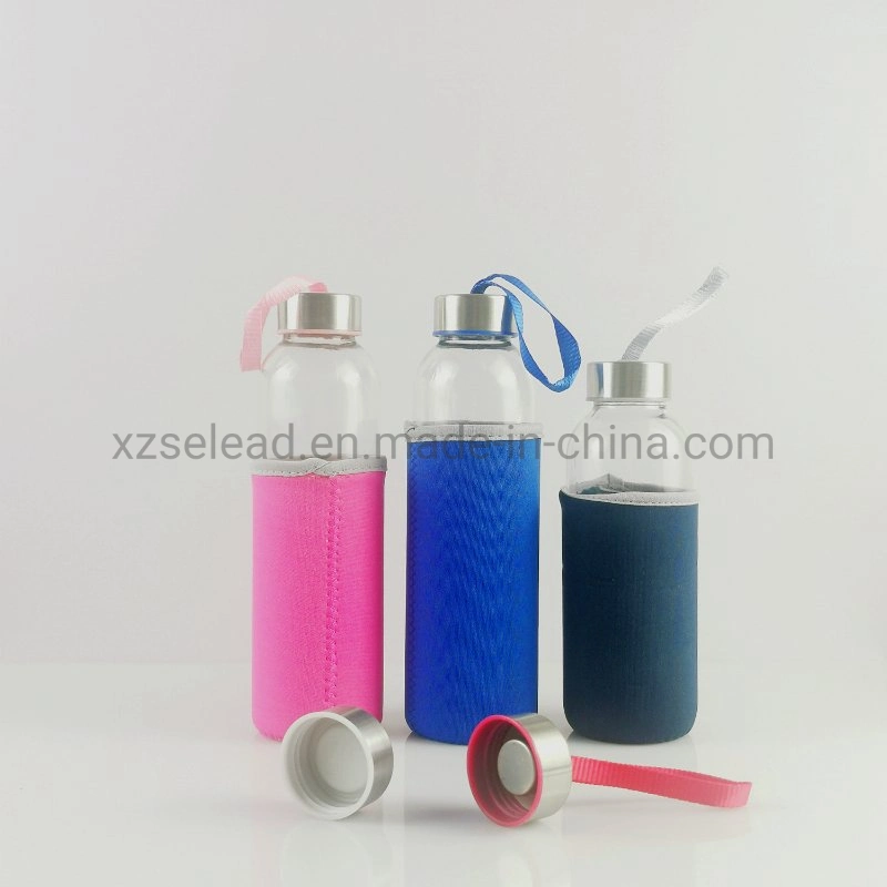 500ml Juice Beverages Glass Water Bottle with Bamboo/Stainless Steel Leak-Proof Caps &amp; Sleeve